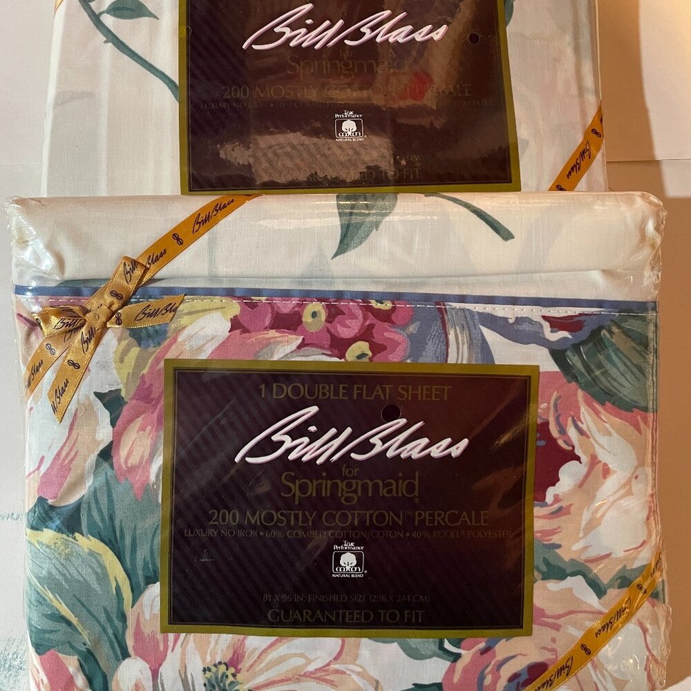 Bill Blass Double Full Sheet Flat Fitted NEW Vintage Floral Festival Blue